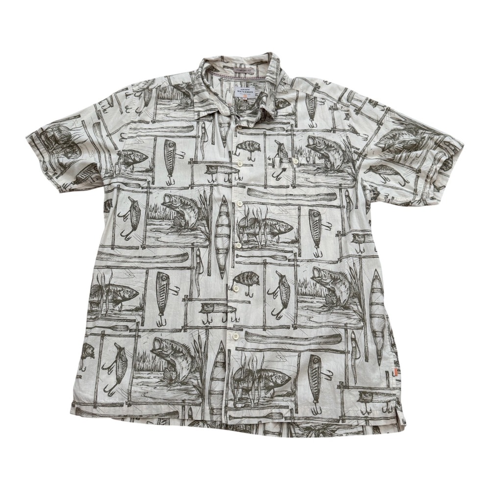 QUIKSILVER Waterman Fishing Mens Tan Brown Cream Bass Lure Print Shirt-X-LARGE